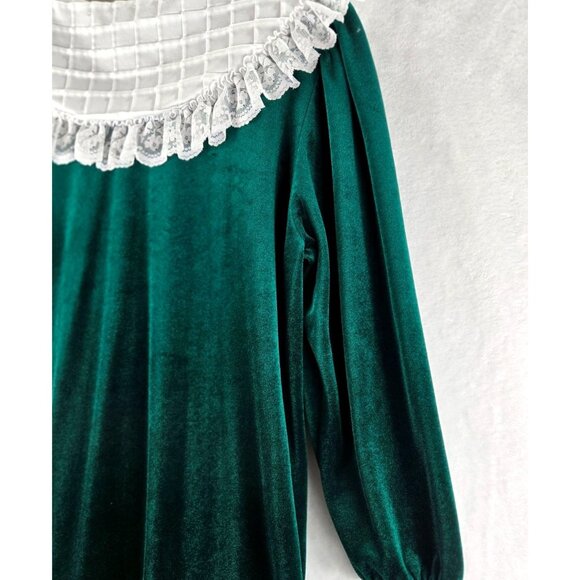 Komar Vtg 90s Housecoat Robe Nightgown M Dark Green Velvet White Collar Lace USA - Picture 12 of 16